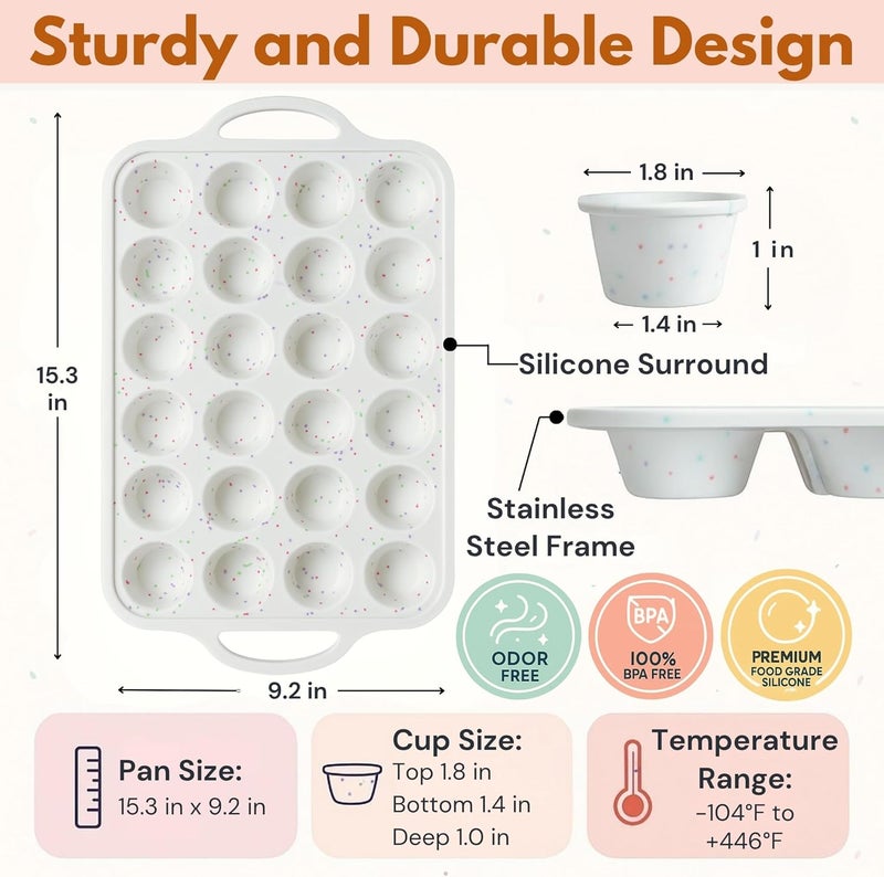 BAKE BOSS 2-Pack Mini Muffin Pan – 24-Cup Silicone Mini Muffin Pans for Baking with Metal-Reinforced Handles – Nonstick, BPA-Free Silicone Muffin Tray for Mini Cupcakes & Snacks – Dishwasher Safe, Cream - Image 2